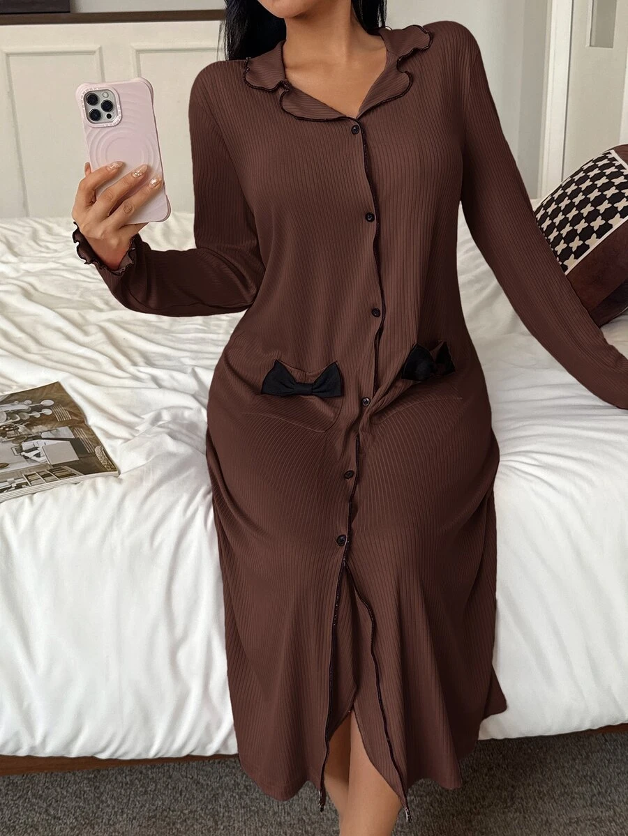 SweetSlumber Women's Brushed Ribbed Bow Knot Loungewear Dress - Brown - View 1
