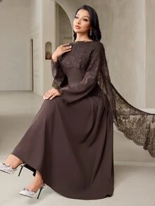 Veilorie Gaun Panjang Elegan Wanita dengan Desain Selendang Renda Kontras - Coffee Brown - View 1
