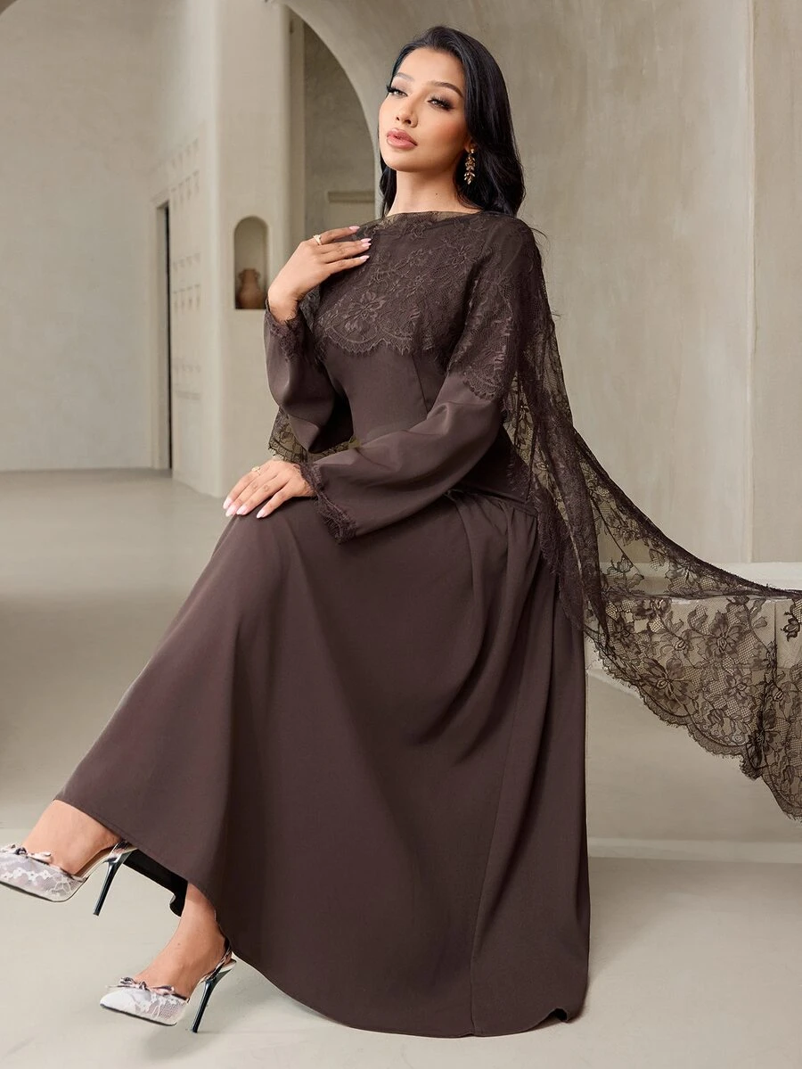 Veilorie Gaun Panjang Elegan Wanita dengan Desain Selendang Renda Kontras - Coffee Brown - View 1