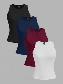 SHEIN EZwear 4件裝休閒極簡風女款性感短版緊身背心，適合夏秋層次穿搭 - 彩色 - 查看 1
