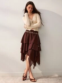 Willow Rêve Women's Brown Chiffon A-Line Asymmetrical Multi-Layer Ruffle Skirt, Solid Color Design, Layered Ruffle Craftsmanship, Fashionable Elegant Romantic Bohemian Style, Suitable For Summer Vacation, Party And Travel Outfits - Brown - View 6