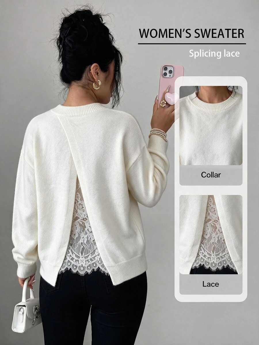 SHEIN Elenzya Elegant Round Neck Long Sleeve Back Slit Niche Design Women's Sweater - White - View 1