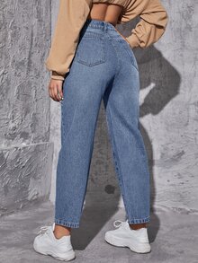 SHEIN EZwear 女款高腰口袋休閒百搭牛仔褲 - 淺色水洗藍 - 查看 2