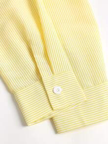 Sweetra Women's Yellow Casual Sweet Striped Collared Waist-Cinching Slim Fit Commute Long Sleeve Button-Down Blouse - Yellow - View 7