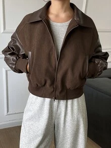 Livesso Jaket Fashion Kasual Longgar Warna-Blok Musim Gugur/Dingin - Coffee Brown - View 6
