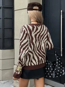 DAZY Women's Autumn Round Neck Long Sleeve Loose Zebra Stripe Brown & Beige Contrast Color Casual Knit Cardigan Sweater Winter - Brown - View 2