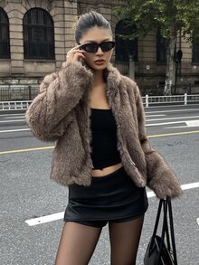 DAZY 女款立領長袖寬鬆時尚人造毛皮大衣 - 咖啡棕 - 查看 4