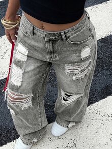SHEIN Teen Girl Pocket Distressed Wide Leg Loose Casual Denim Jeans - Light Grey - View 3