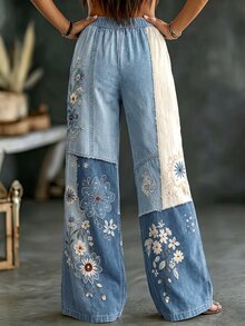 Selamara 波希米亞復古丹寧效果拼接花卉印花藍色女款長褲，高腰抽繩直筒寬腿褲，適合秋冬/夏季，休閒長褲，適用戶外與海灘出遊 - 彩色 - 查看 2