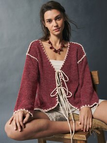 Bohemela Women's Colorblock Front Tie Drop Shoulder Long Sleeve Knit Cardigan - Burgundy - View 6