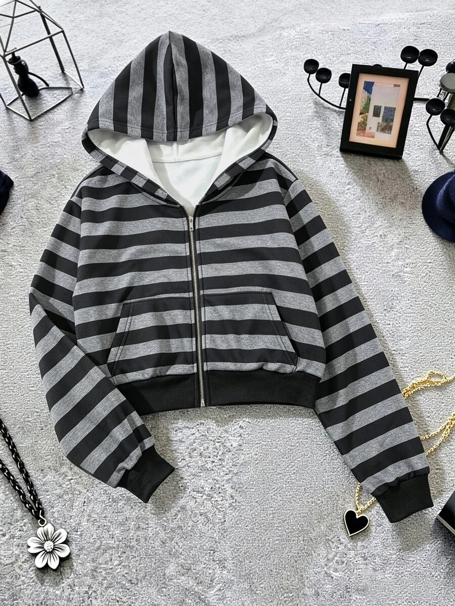 IslaSuriya Casual Loose Drop Shoulder Striped Sweatshirt - Black - View 1