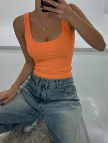 DAZY 女款休閒百搭純色背心上衣 - 橘色 - 查看 2