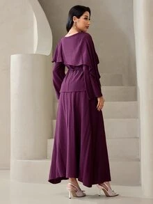 Veilorie Women's Solid Color Asymmetric Design Long Sleeve Top And Skirt Elegant Arabic Outfit Set - Purple - View 2