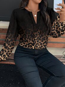 SHEIN CURVE+ Plus Size Leopard Print Women's Casual Long Sleeve Loose Print Shirt, Autumn Shirt Fall - White - View 8