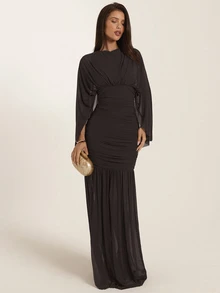 SHEIN BAE Women's Solid Color Round Neck Batwing Sleeve Pleated Elegant Dress - Coffee Brown - View 4
