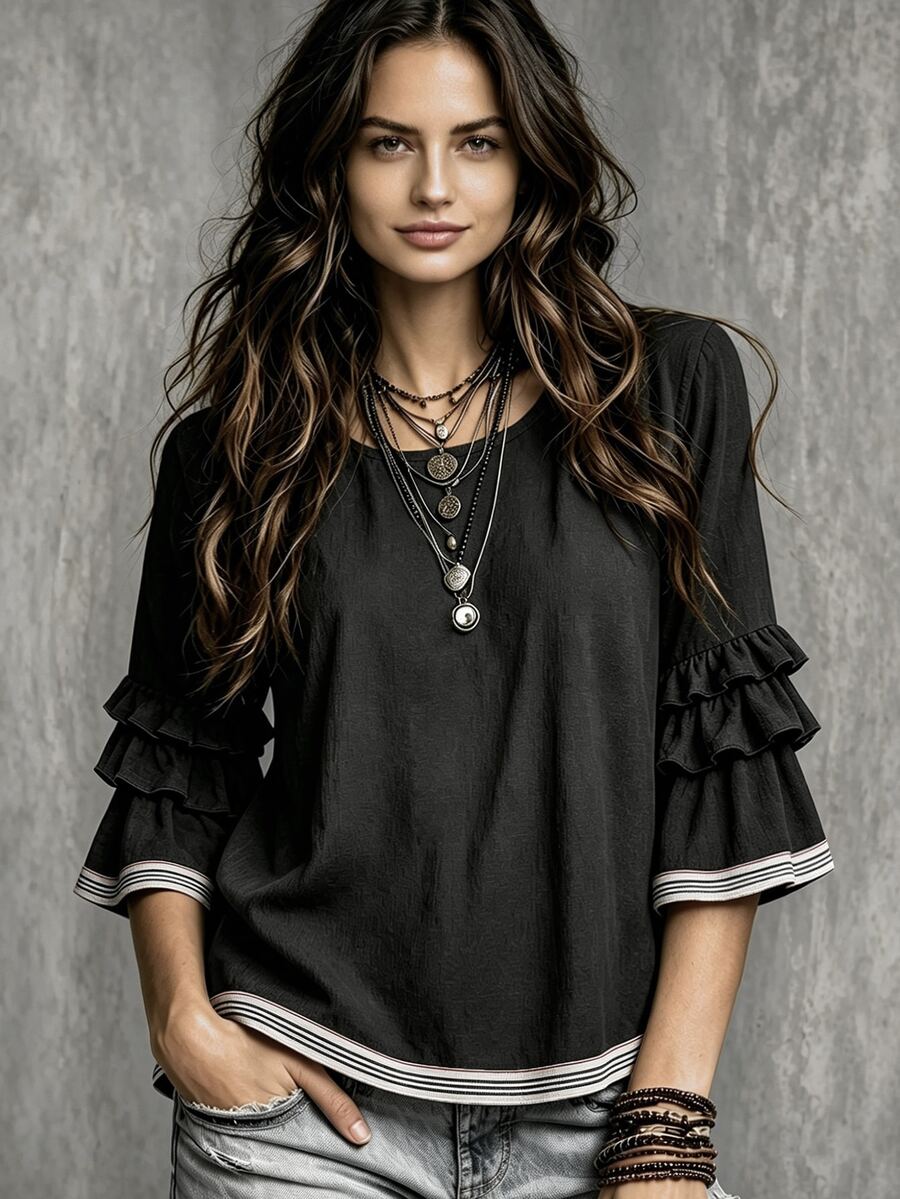 Glimmora Women's Summer Autumn New Contrast Color French Casual Loose Ruffle 3/4 Flare Sleeve Plus Size Blouse - Black - View 1