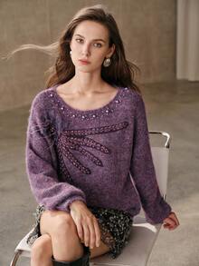 Anewsta French Autumn/Winter High-End Fashion Design Elegant Sophisticated Evening Style Heavy Beaded & Rhinestone Embellished Floral Stamen Sweater - Violet Purple - View 2