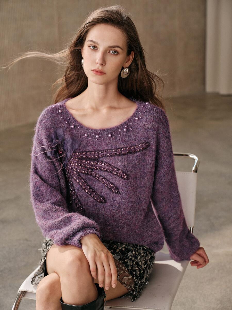 Anewsta French Autumn/Winter High-End Fashion Design Elegant Sophisticated Evening Style Heavy Beaded & Rhinestone Embellished Floral Stamen Sweater - Violet Purple - View 1