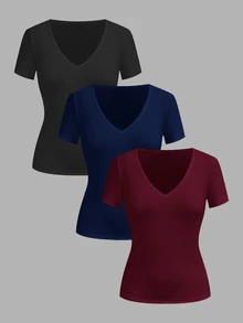 SHEIN EZwear 3件組女款休閒百搭素色短袖T恤 - 彩色 - 查看 12