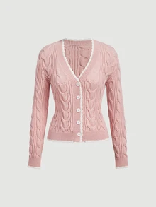 SHEIN MOD V-Neck Slim Fit Cable Knit Textured Cardigan - Pink - View 1