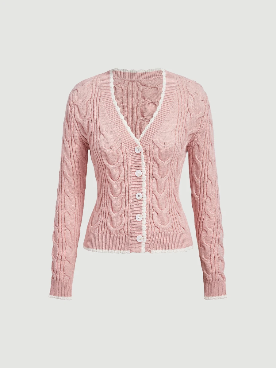 SHEIN MOD V-Neck Slim Fit Cable Knit Textured Cardigan - Pink - View 1
