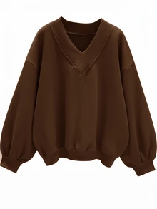 SHEIN EZwear 休閒極簡風 V 領寬鬆大版運動衫，適合秋冬穿著 - 棕色 - 查看 1