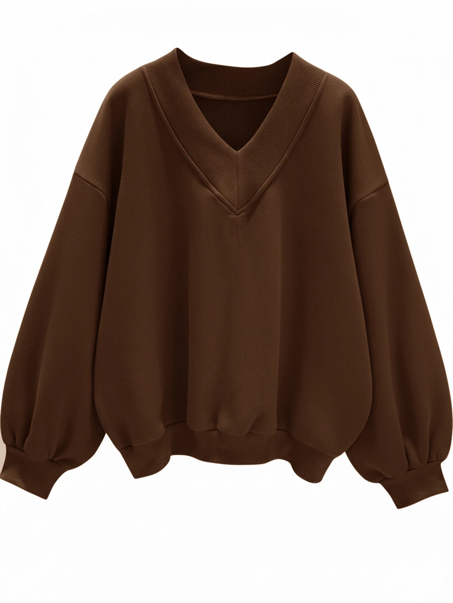 SHEIN EZwear 休閒極簡風 V 領寬鬆大版運動衫,適合秋冬穿著 - 棕色 - 查看 1