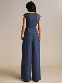 Poéselle Women's Striped Asymmetrical Hem Shirt And Wide Leg Pants Casual 2 Pieces Set - Navy Blue - View 2