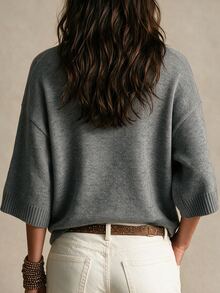 SHEIN Pullover Rajut Minimalis Leher Tinggi untuk Musim Gugur, Sweater Pendek Lengan Siku Bahu Longgar untuk Wanita - Dark Grey - View 2