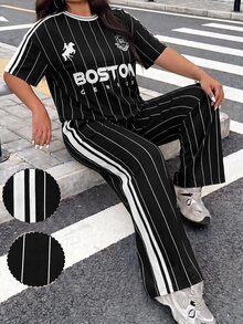 SHEIN EZwear 大尺碼女款字母騎士圖案短袖上衣與長褲休閒日常套裝 - 黑色 - 查看 10