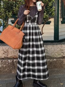 FRIFUL Women's Casual Plaid Spaghetti Strap Midi Dress, Autumn/Winter - Black - View 3