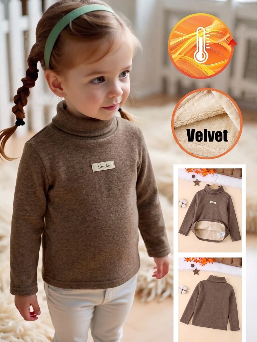 SHEIN Baby Boy Baby Girl Composite Fleece Thick High Neck Elastic Base Layer Top Suitable For Winter - Coffee Brown - View 1