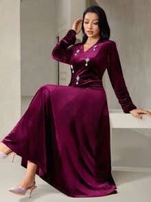Veilorie 女款優雅派對水鑽裝飾長洋裝 - 酒紅色 - 查看 7