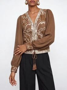 Maija Women's Casual Sequin Embroidered Patchwork Shirt, Autumn - Brown - View 6