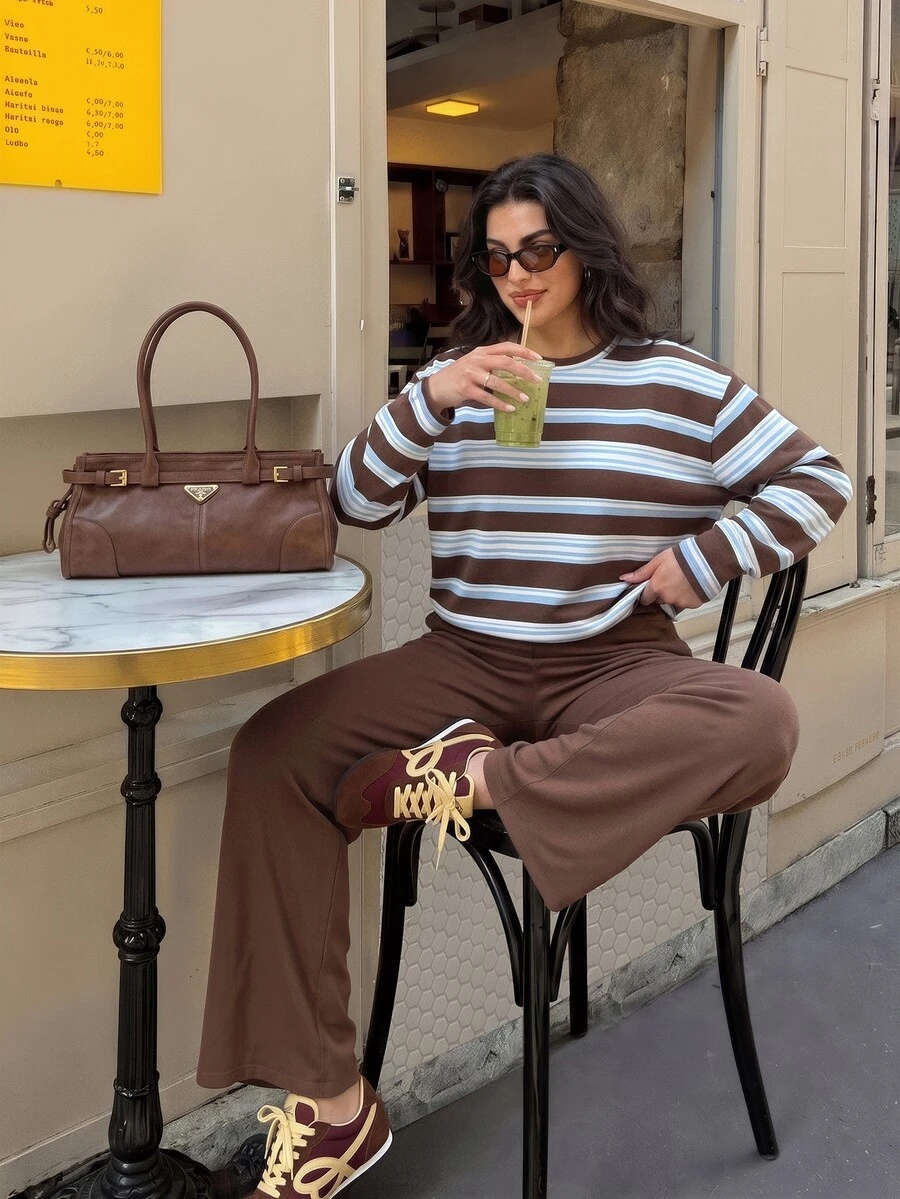 Elaquor Plus Size Women's Striped Long Sleeve Top And Pants Casual Daily 2 Pieces Set - Multicolor - View 1