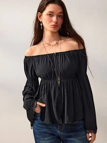 Willow Rêve Women's Black Loose Cold Shoulder Bell Sleeve Top, Lace Cuffs With Elastic Ruffles, Solid Color Western Romantic Bohemian Style, Suitable For Summer Vacation Party Travel - Black - View 4
