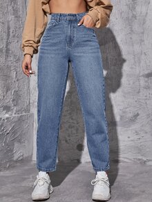 SHEIN EZwear 女款高腰口袋休閒百搭牛仔褲 - 淺色水洗藍 - 查看 4