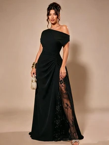 Cravure Women Plus Size Party Date Banquet Cocktail Wedding Simple Elegant Lace Trim Slit Ruched Asymmetrical Neckline Solid Color Dress - Black - View 4