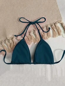 SHEIN Swim 純色露背掛脖式泳衣上衣 - 水鴨藍 - 查看 4