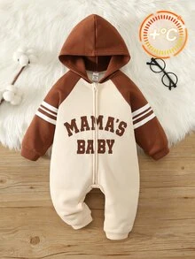SHEIN 中性新生兒嬰兒男/女童、幼兒秋冬保暖內裡加厚拼色拼接連帽連身衣，嬰兒冬季連身衣 - 藏蓝色 - 查看 3