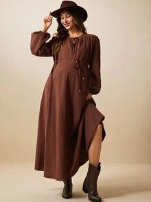 Boho Mama Maternity Vacation Casual Solid Color Dress - Brown - View 1