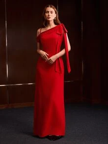 MOTF PREMIUM ELEGANT COMMUTER BOW DECOR LONG DRESS - Red - View 4