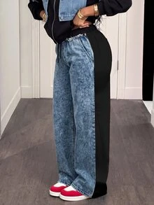 Slaydiva Plus-Size Women's High-Waisted, Loose-Fit, Wide-Leg Denim Jeans In Blue With Color-Block Lace-Up Detailing.Autumn - Blue - View 8