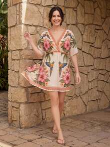 SHEIN Swim Curve 2026夏季新款女款大尺碼寬鬆交叉V領中長款網紗印花休閒罩衫 - 彩色 - 查看 5