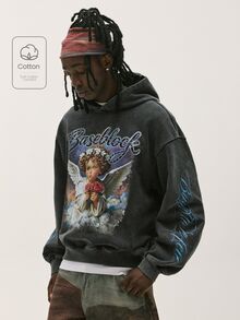 Baseblock Men's Cotton Black Washed Vintage Y2K Streetwear Short Pullover Hoodie, New Fall Looks - Black - View 1