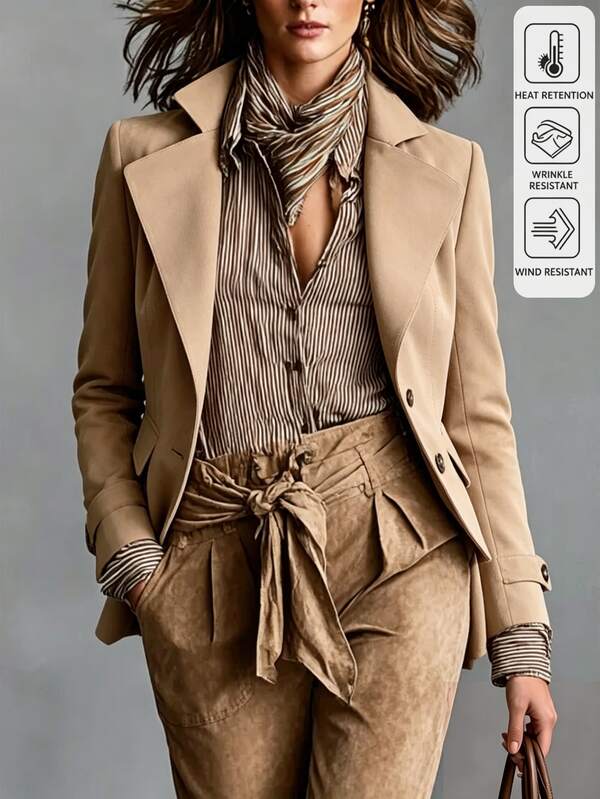Balvessa Women's Lapel Trench Jacket, Single Breasted, Long Sleeve Relaxed Fit, Casual Outerwear For Daily & Travel