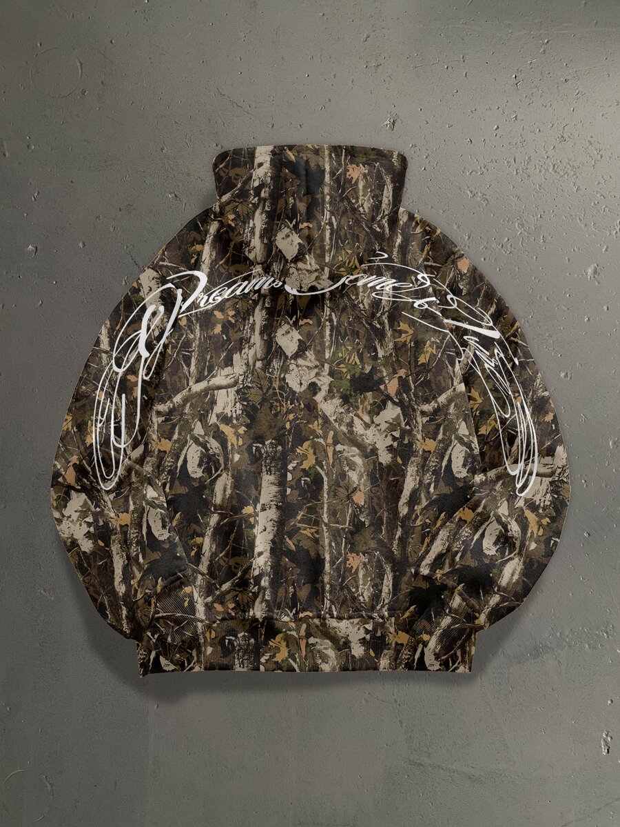 StoneGrade Jungle Branch Camo Curved Handwritten Font Fashion Casual Print Men's Loose Sweatshirt Sweatshirt - Olive Green - View 1
