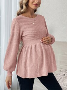SHEIN Sweater Hamil Warna Polos Leher Bulat Lengan Panjang dengan Hiasan Ruffle di Bagian Bawah - Berwarna merah muda - View 4