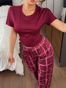 Napfluff Plaid Knit Short Sleeve Pajama Set, Casual Women's Loungewear - Burgundy - View 6