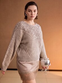 MOTF PREMIUM PLUS SIZE WOMEN'S SEQUIN EMBROIDERED PULLOVER SWEATER, AUTUMN/WINTER - Khaki - View 4